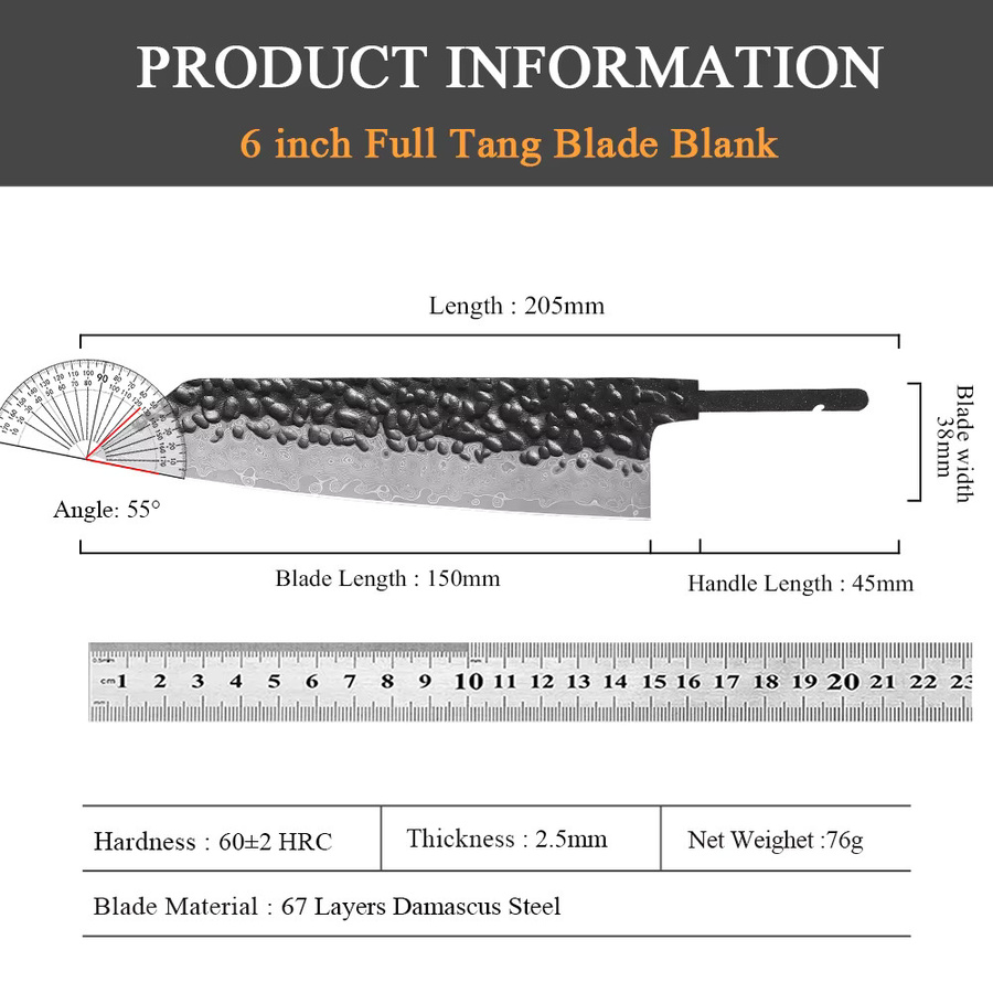 DASHWAY DIY Bunka Kochmesser aus Damaststahl im japanischen Stil, leere Klinge mit Full Tang, Silber, 15,24 cm - Bild 3