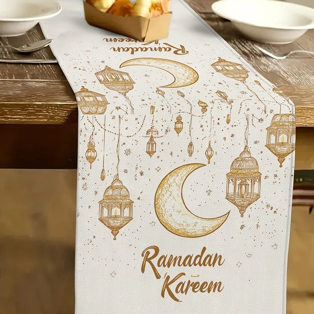 VIKAMA Ramadan Tischläufer mit Goldstern- und Mondmuster aus Leinen, Orientalisches Design, Breite: 33 cm, Länge: 90 cm - Bild 1