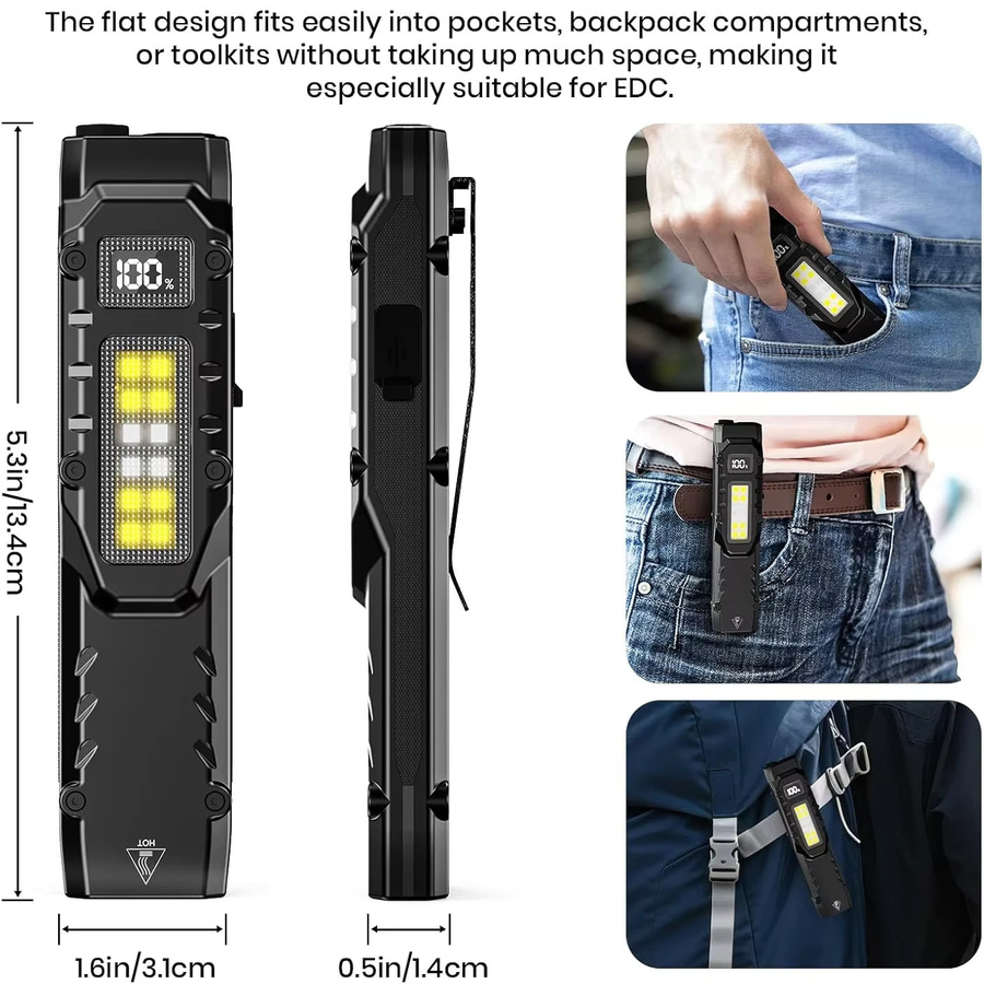ZHIYU Taktische LED Flachtaschenlampe mit 1500 Lumen, wiederaufladbare EDC Taschenlampe mit Digitalanzeige und Dual-Switches, Schwarz - Bild 2