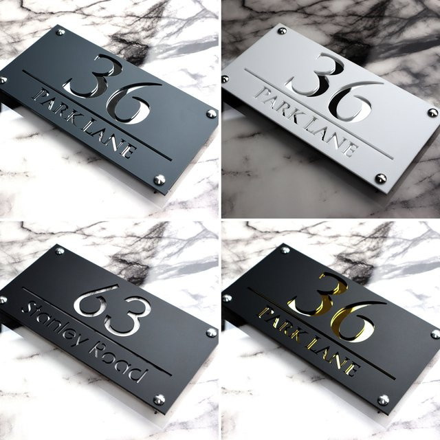 Individuelles 3D Hausnummernschild im nordischen Design, personalisiertes lasergeschnittenes Straßennamenschild für den Außenbereich, Weiß und Grau matt mit Metalleffekt - Bild 1
