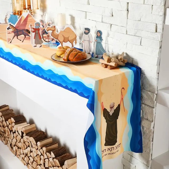 VIKAMA Tischdecke aus Leinen für Pessach und jüdische Feiertage, blau, rechteckig - Bild 1
