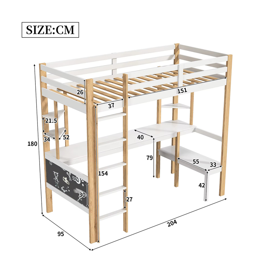 Hochbett aus Metall mit Tisch und Bücherregalen für Kinder und Jugendliche, Weiß, B/T/H: 90 x 200 cm - Bild 2