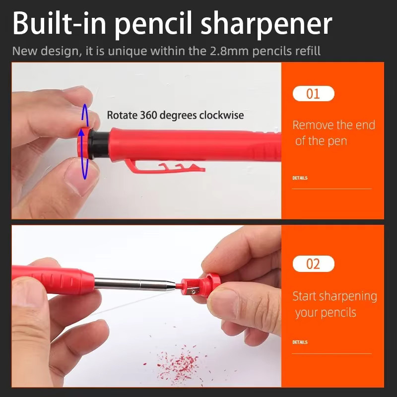 Zimmermannsmarkierungsstift mit 2,8 mm Graphitmine in Schwarz und Rot inklusive Anspitzer für die Holzbearbeitung - Bild 3