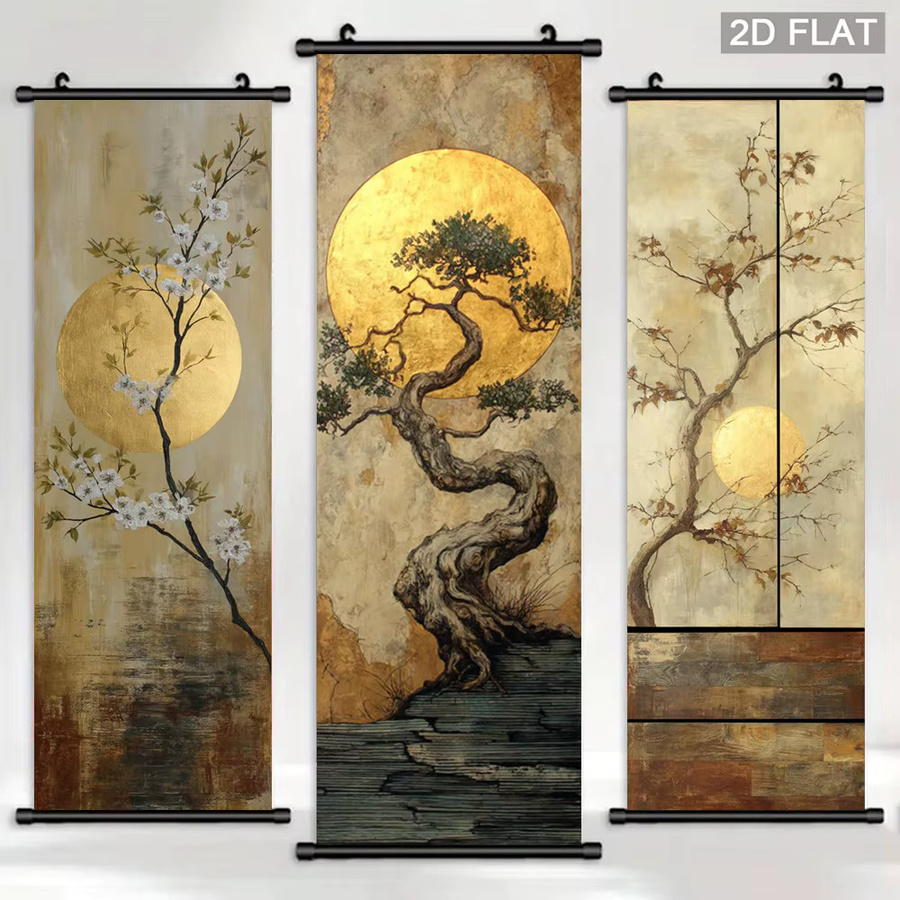AsenArt Wandbild auf Leinwand mit goldenem Bokujou-Blütenzweig und Kirschblüten-Landschaftsmotiv - Bild 4