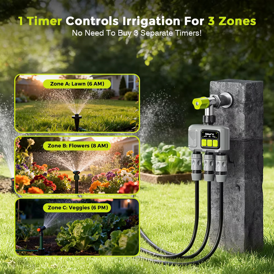 Eshico HCT-658 RF433 Automatischer 3-Zonen-Bewässerungstimer mit Tuya App-Steuerung für Garten, Rasen und Gewächshaus - Bild 2