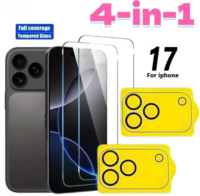 4-in-1 HD Hartglas Schutzset für iPhone mit Kameraobjektivschutz, 9H Härte, transparent - Bild 1