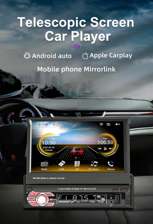 ESSGOO Single DIN 7 Zoll Auto Stereo Radio mit Flip Out HD Touchscreen, CarPlay, Android Auto, Bluetooth, USB und AUX in Schwarz - Bild 2