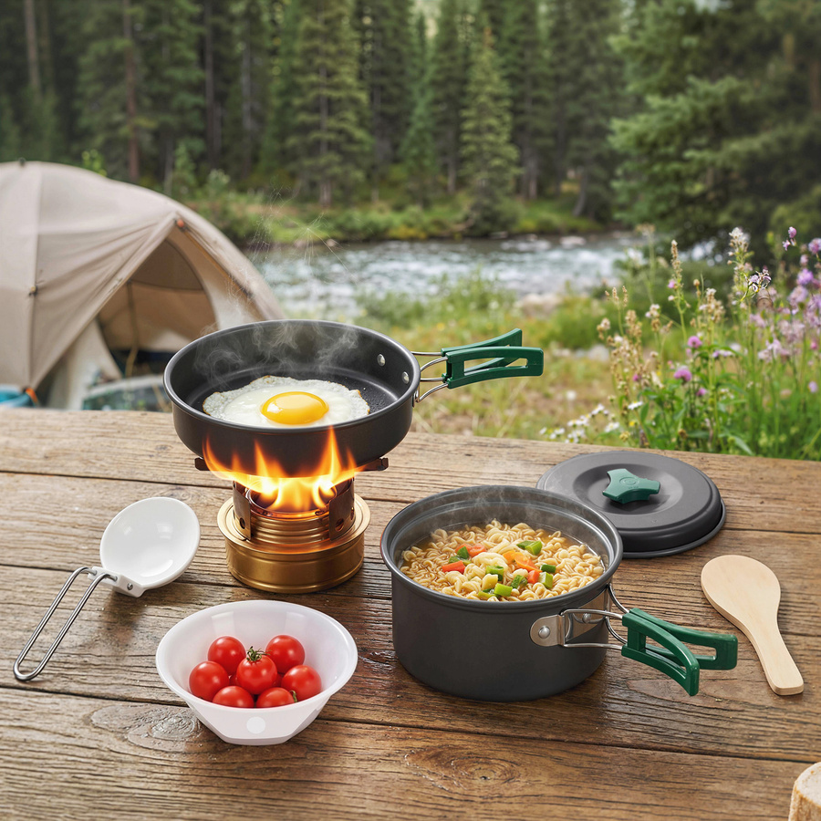 Outsunny Camping Kochgeschirr Set 8-teilig in Grau für 2 Personen mit Topf und Pfanne aus eloxiertem Aluminium - Bild 2
