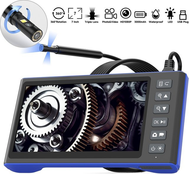 VISHRT HD1080P Auto Inspektion Endoskop Kamera mit 7 Zoll IPS Bildschirm, 9,5 mm Dual Triple Objektiv und 32 GB TF Karte in Blau - Bild 1