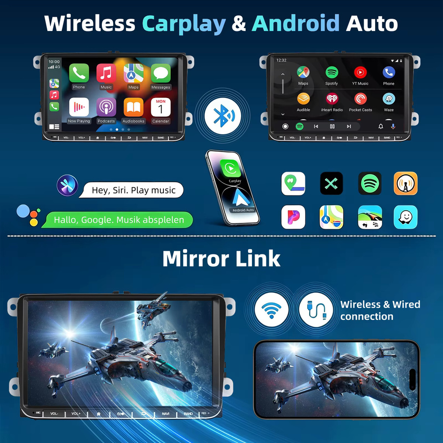 Essgoo Android 15 Autoradio mit 9 Zoll Display, 4+64G, für VW Golf 5 6, Passat, Polo, Touran, Tiguan, Caddy, Eos, T5, Seat, Skoda, kabelloses Carplay, Android Auto, GPS-Navigation, Bluetooth, WLAN, Schwarz - Bild 2