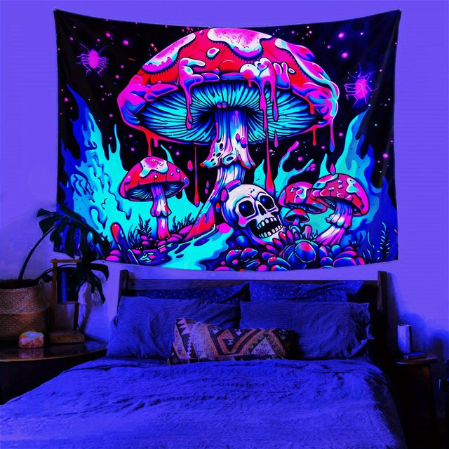 VIKAMA Wandteppich mit psychedelischem Pilz- und Schädel-Motiv in Multicolour, Rechteckig, B/H: 75 x 58 cm - Bild 1