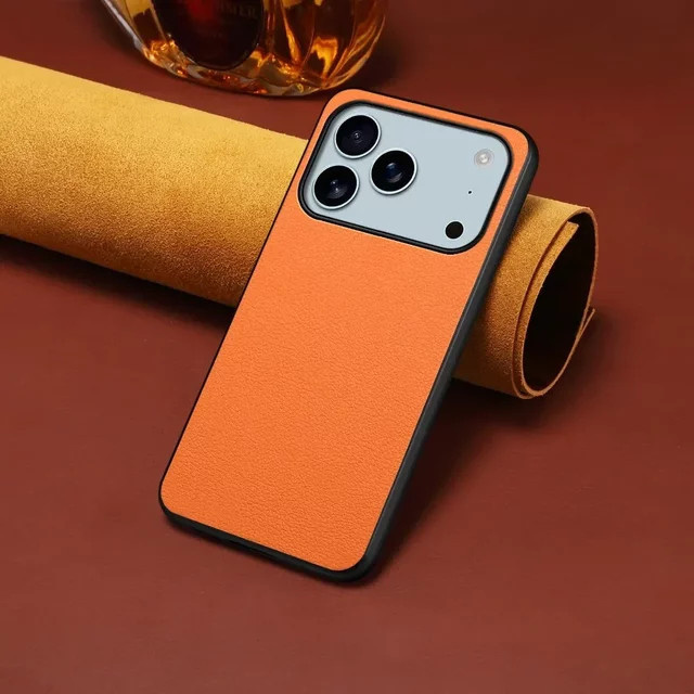 Slim Schutzhülle mit Litschi-Ledertextur für Apple iPhone 17 Air 16E 15 14 Plus 13 12 11 Pro Max in Lila und Orange - Bild 1