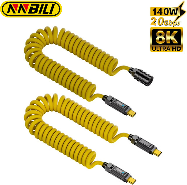 NNBILI USB-C auf USB-C Kabel mit 140 W Leistung, USB 3.2 20 Gbit/s, Thunderbolt 3 kompatibel, Feder einziehbar, Gelb - Bild 1