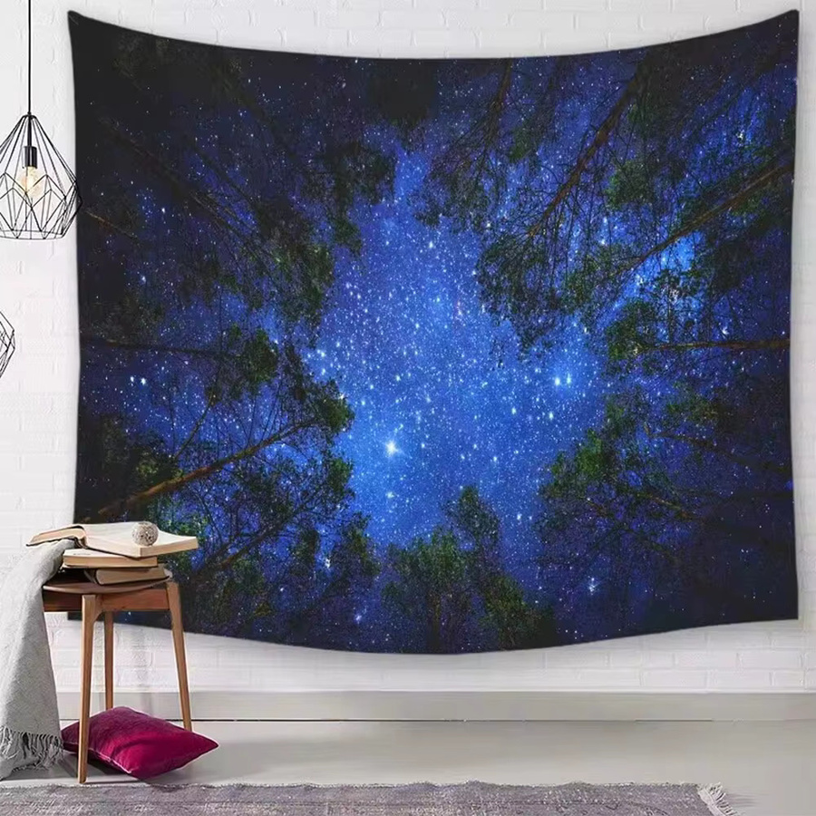 VIKAMA Wandteppich Sternenhimmel mit Mond und Bäumen in Blau, Textil-Wanddekoration für Schlafzimmer und Wohnraum - Bild 2