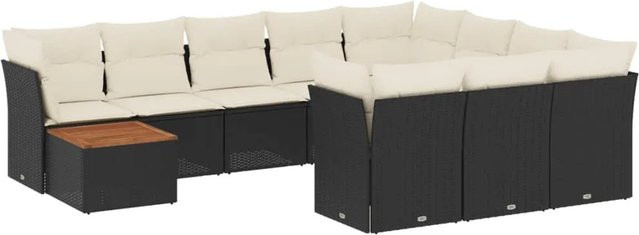 vidaXL 11-teilige Garten-Sofagarnitur in L-Form aus Polyrattan und Akazienholz mit Kissen in Schwarz-Creme - Bild 1