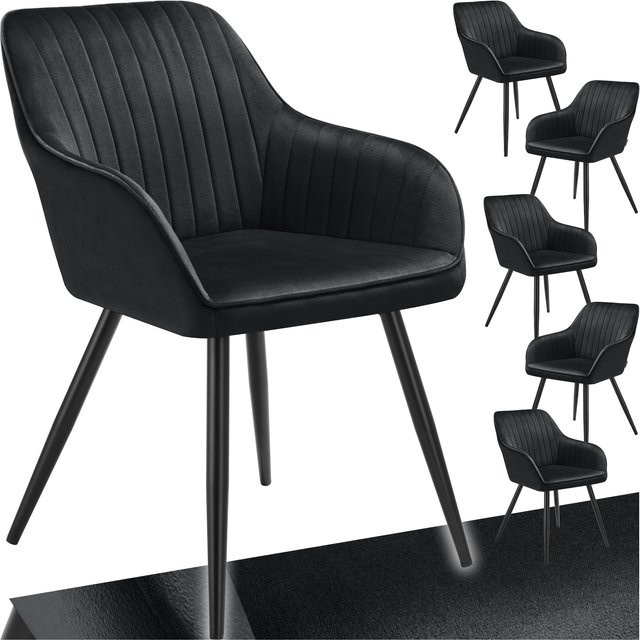 tectake Esszimmerstuhl Marilyn 6er Set, gepolstert in Samtoptik mit Steppmuster und Stahlbeinen, Schwarz, B: 58 cm, T: 62 cm, H: 82 cm - Bild 1