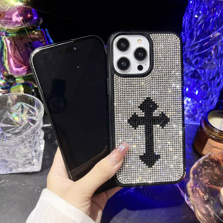 Luxuriöse iPhone Schutzhülle mit Gothic-Kreuz und Strass in Silber für Apple iPhone 16 15 14 13 12 11 Pro Max Plus - Bild 2