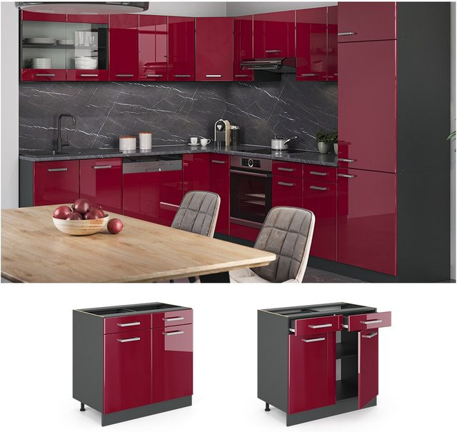Vicco Küchenunterschrank R-Line mit Schubladen in Anthrazit und Bordeaux Hochglanz, Breite: 80 cm - Bild 1