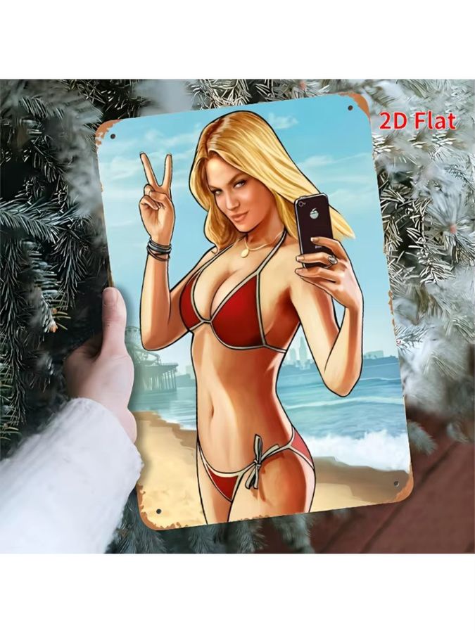 Vintage GTA Beach Game Art Metallposter von CIFBUY mit Bikini-Charakter als Wanddekoration, Breite: 20,32 cm, Höhe: 30,48 cm - Bild 6