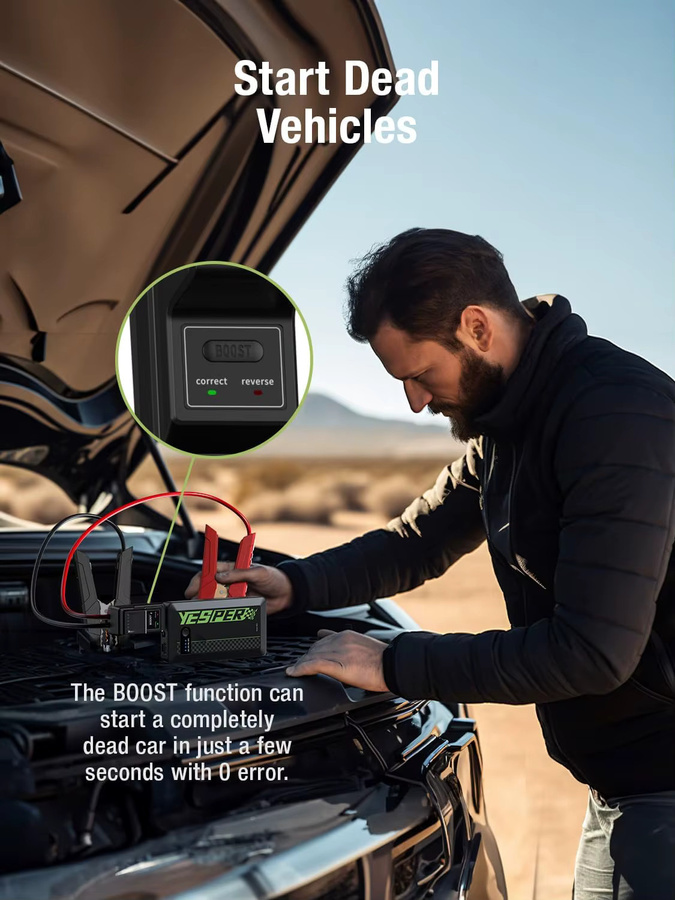 YESPER Tragbarer Auto-Starthilfe-Booster 1500A Spitzenstrom, 12V Batterie-Booster Powerbank mit USB-C, Schwarz, Starthilfegerät für Motorrad, SUV, LKW (7L Benzin / 5.5L Diesel) - Bild 3