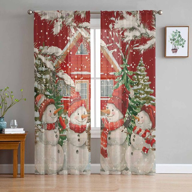 Transparente Weihnachts-Tüllvorhänge mit Schneeflocken und Schneemann Motiv in Braun, Breite: 135 cm, Höhe: 115 cm - Bild 1