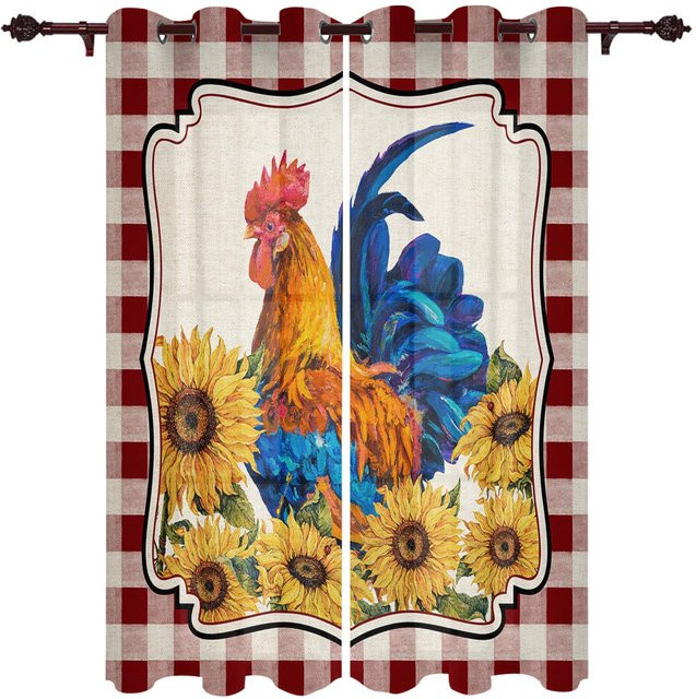 Super Six Vintage Fenster Vorhänge mit Sonnenblumen und Hahn Motiv, Landhausstil, halbtransparent, Mehrfarbig, Breite: 135 cm, Höhe: 60 cm - Bild 1
