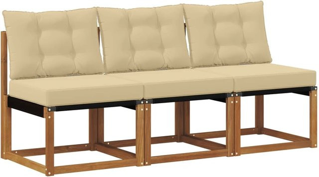 vidaXL 3er Set Outdoor Mittelsofa aus Akazienholz in Natur-Beige mit Sitzkissen und Rückenlehnen - Bild 1