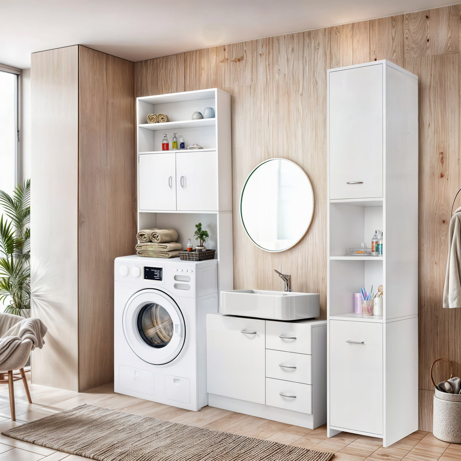 CASARIA Badmöbel-Set Neapel 3-teilig in Weiß mit Waschbeckenunterschrank, Hochschrank und Waschmaschinenschrank aus MDF - Bild 2