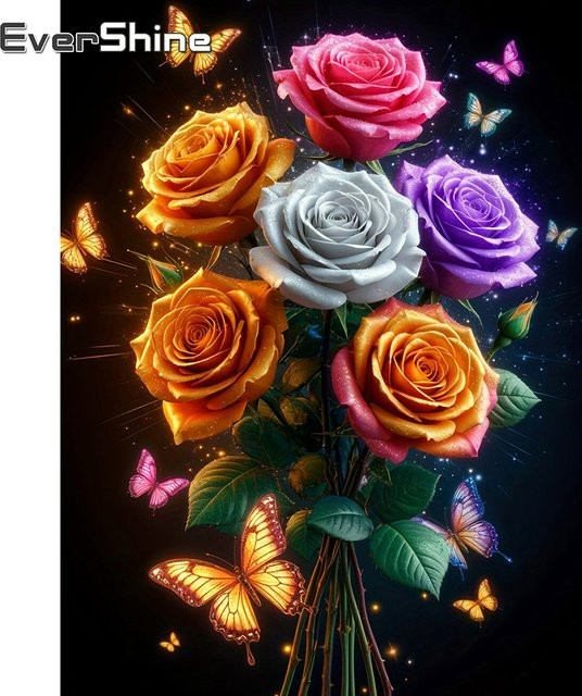 EverShine Diamant-Stickerei Set mit Rose und Schmetterling in Pink und Multicolour, rund geschliffene Strasssteine, B/H: 20 x 30 cm - Bild 1