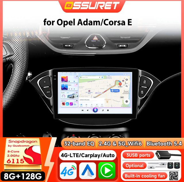 OSSURET Intelligentes Multimedia-Autoradio mit Android Auto, Carplay und DSP für Opel Adam 2013-2016 und Opel Corsa E 2015-2019, Snapdragon 6115, Schwarz - Bild 1