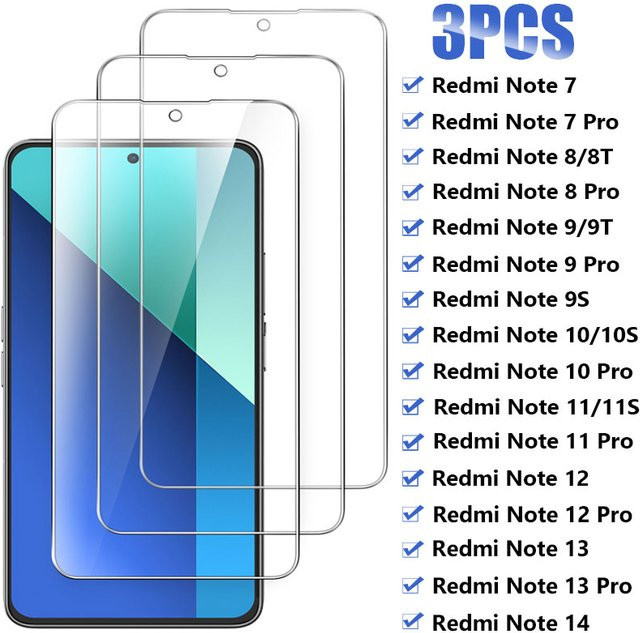 3 Stück Panzerglas Displayschutzfolie für Xiaomi Redmi Note Serie (Redmi Note 14 13 12 Pro 12S 5G, Note 11 10 9 8 7 Pro 9S 10S 11S 8T 10T), transparent - Bild 1