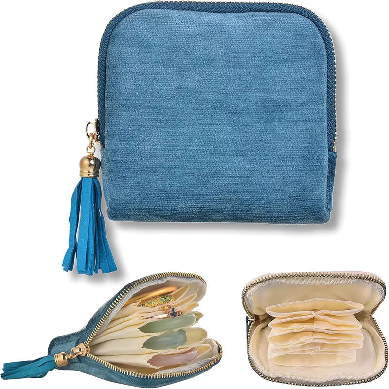 Kleine Schmuck-Organizer-Tasche mit Reißverschluss in Blau für Armbänder, Halsketten und Ohrringe zur Reiseaufbewahrung - Bild 2