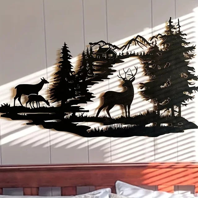CIFBUY Wanddekoration aus Schmiedeeisen Hirschwald Silhouette in Schwarz als moderne minimalistische Metallkunst - Bild 1