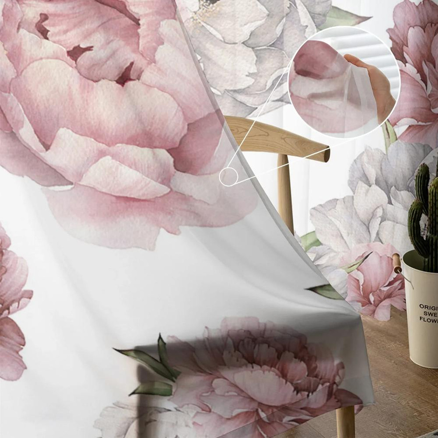 Yiran Furniture Transparentes Tüll-Fenstervorhang mit Vintage Blumenmuster in Rosa und Weiß, Breite: 135 cm, Höhe: 115 cm - Bild 2