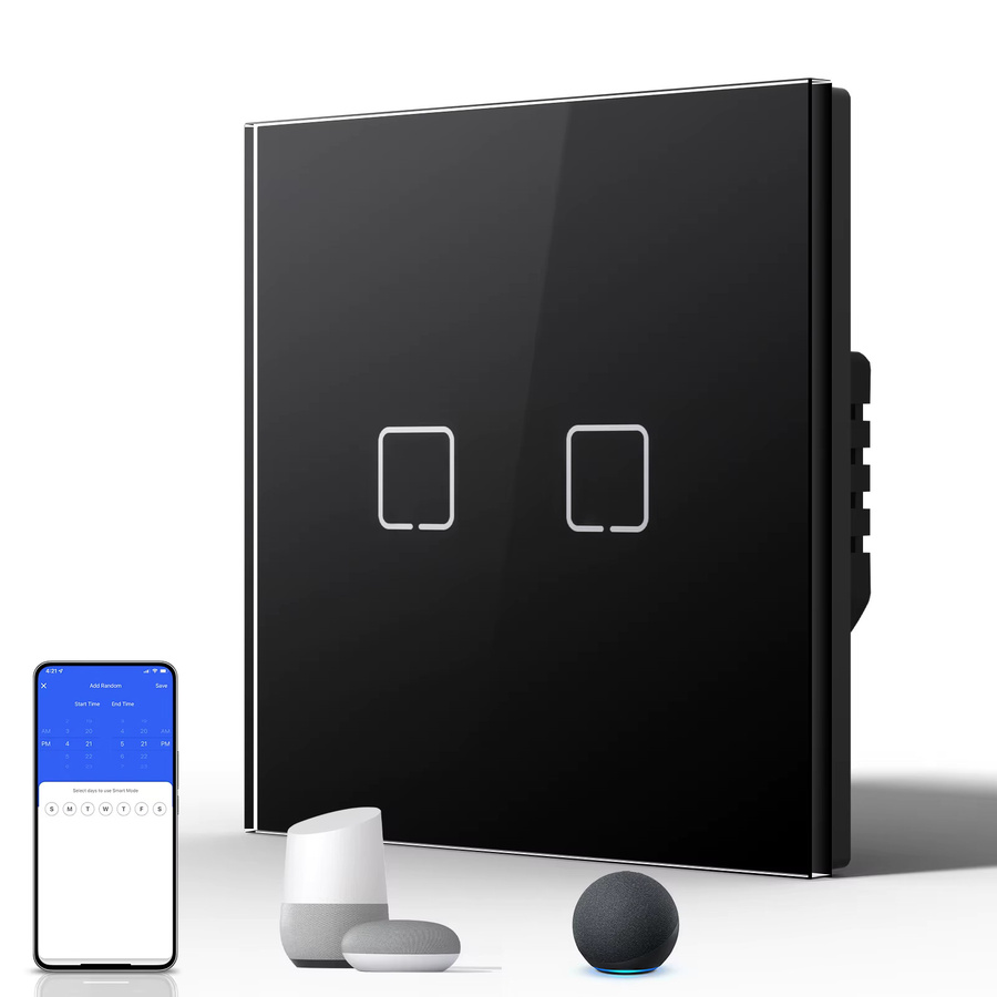 BSEED E-Serie WLAN-Touch-Schalter mit schwarzem Glaspanel, 2-fach Wandschalter für Tuya Smart Life und Alexa App-Steuerung, Gelbe Hintergrundbeleuchtung, 10A, 8er Pack - Bild 5
