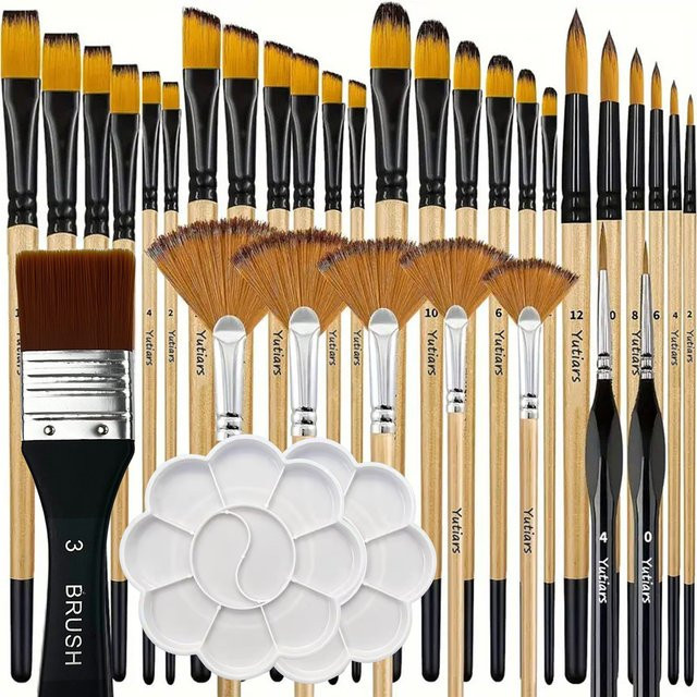 32-teiliges Yutiars Pinselset mit 2 Paletten aus Nylon für Kunstmalerei mit Rund-, Flach-, Fächer- und Detailpinseln - Bild 1