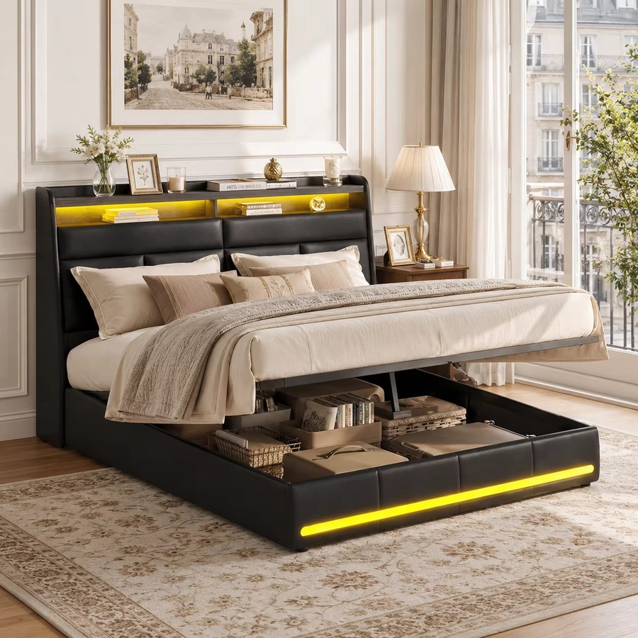 FEEOHOME Polsterbett mit Stauraum in Schwarz, Doppelbett mit hydraulischem Bettkasten und Lattenrost, B/T/H: 140 x 200 cm - Bild 3