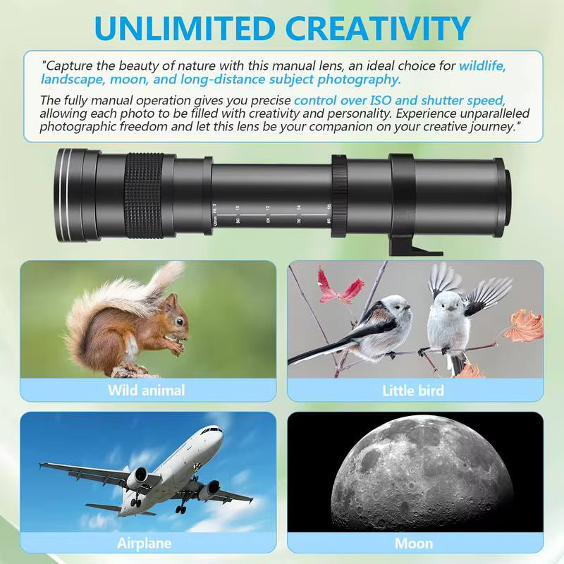 LIGINN Super-Teleobjektiv 420-800mm F/8.3 Manuelles Telezoom-Objektiv für Canon EF und Nikon F-Mount in Schwarz und Weiß - Bild 4