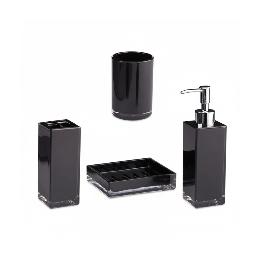 Relaxdays Badaccessoires Set aus Kunststoff in Schwarz glänzend, vierteilig mit Seifenspender, Seifenschale, Zahnbürstenhalter und Zahnputzbecher - Bild 2