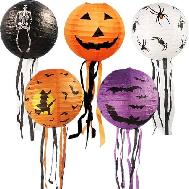 Runtowo 5er Set Halloween Papierlaternen mit Motiven wie Kürbis, Spinne, Fledermaus und Skelett, Durchmesser: 25 cm - Bild 1