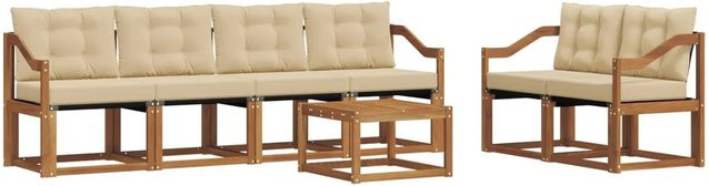 vidaXL Outdoor-Sofagarnitur 7-teilig aus Akazienholz und Textilene in Natur und Beige mit Kissen und Tisch - Bild 1