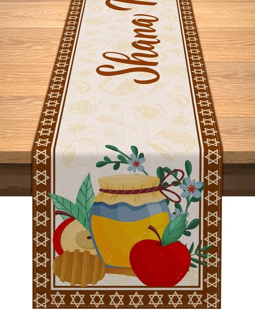 JMG Household Supplies Leinen Tischläufer Shana Tova für Rosch Haschana, Mehrfarbig, B: 150 cm, H: 33 cm - Bild 1