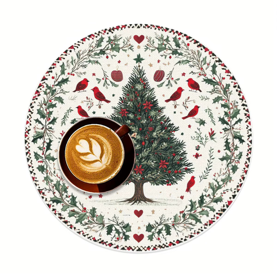 VIKAMA Weihnachtsmatte mit Vogel- und Stechpalmen-Motiv, rund, mehrfarbig, Textil-Tischdeko für dein Zuhause oder Bankette - Bild 3