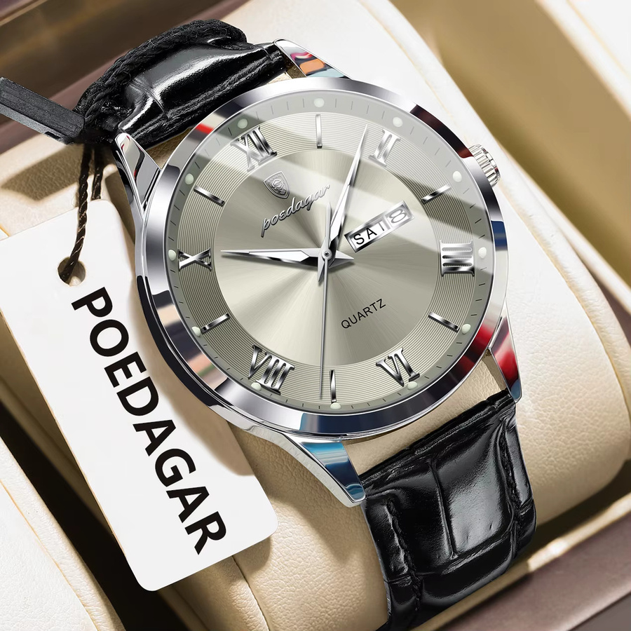POEDAGAR Armbanduhr Quarz, Leder, Silber, Herren, Datum, Wochentag - Bild 2