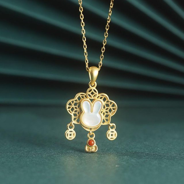 Yuexin Halskette, 925 Silber, Shell Kaninchen Ruyi Schloss, Chalcedon, Damen - Bild 1