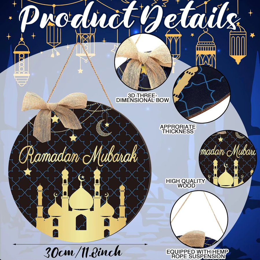 Shellwei Ramadan-Türschild aus Holz mit Mond-Motiv, moderne Dekoration für deine Haustür, B/B: 30,5 x 30,5 cm - Bild 3