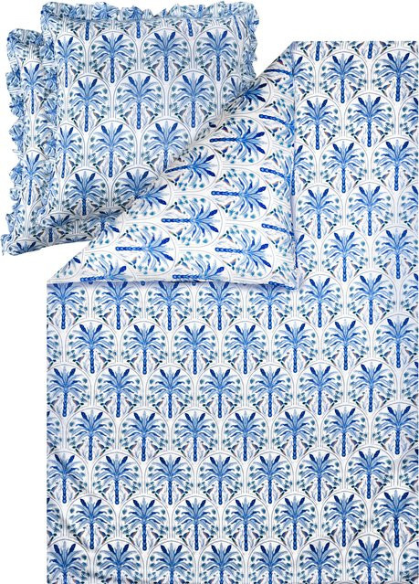LIVARNO Bettwäsche Mikrofaser Satin mit Palmen-Motiv in Blau, Set bestehend aus 1x Bettbezug (200 x 220 cm) und 2x Kissenbezug (80 x 80 cm) - Bild 1