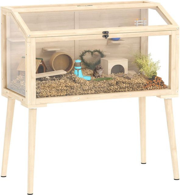 PawHut Hamsterkäfig aus Fichtenholz in Braun mit Wippe und Wasserflasche - Bild 1