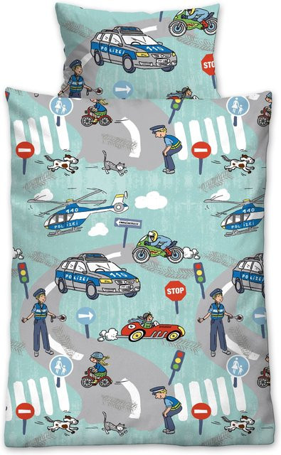 Biberna Kinderbettwäsche Ela Polizei aus Feinbiber in Türkis, 2-teilig, 135 x 200 cm plus 80 x 80 cm - Bild 1