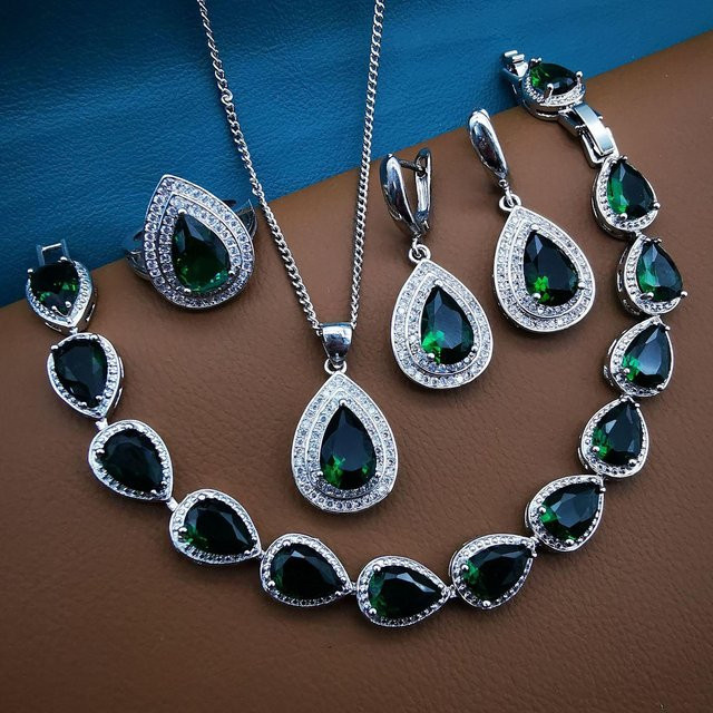 YIRAN Jewelry Schmuckset Halskette Ohrringe, Kupfer, Diamant, Smaragd, Zirkonia - Bild 1